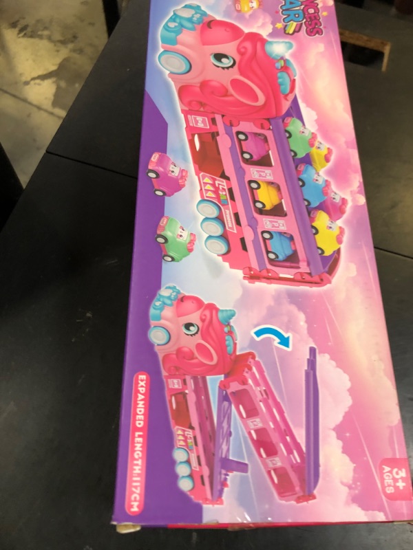 Photo 1 of Funwee Unicorn Car Toys for 2 3 4 5 6 7 Year Old Toddler Girls,Princess Carrier Truck with Sound & Lights,2 Player Race Mode Foldable Track Pink Car Toys,Birthday Gift Idea for Kids