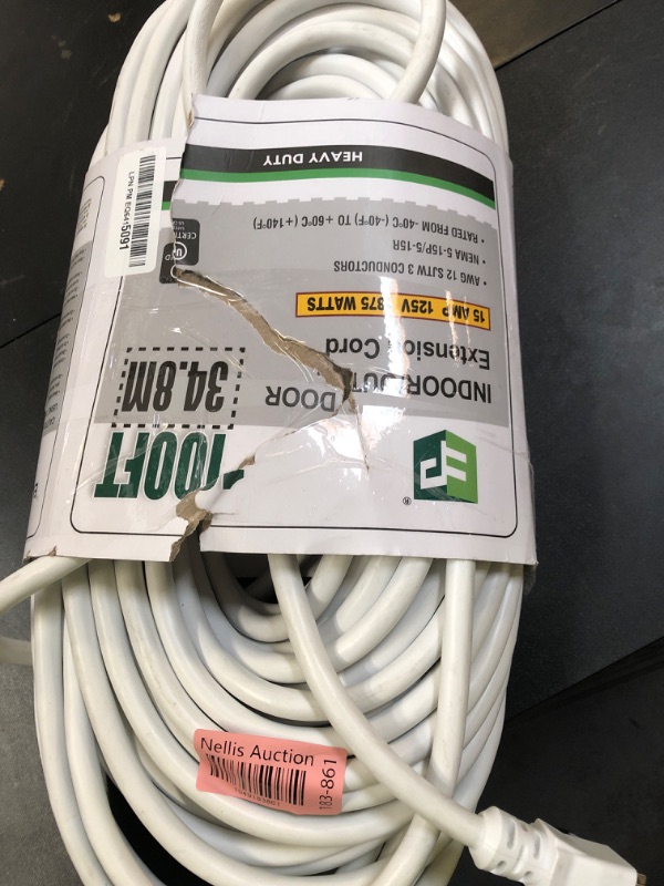 Photo 1 of EP 100 Ft Outdoor Extension Cord, 12/3 SJTW Heavy Duty Extension Cable with 3 Prong Grounded Plug, 15 AMP Power Cord for Lawn, Garden, Appliances, White