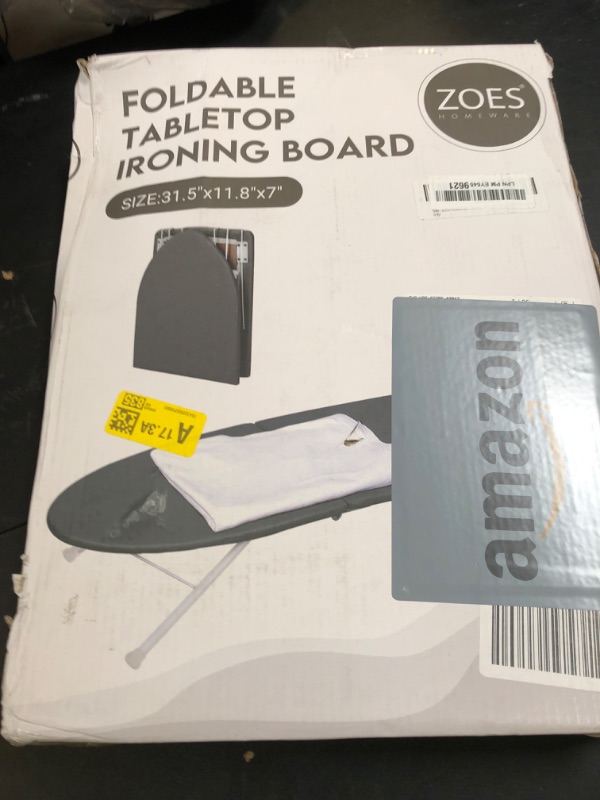 Photo 1 of ZOES HOMEWARE Tabletop Ironing Board,Portable Iron Board with Iron Rest, Foldable Small Ironing Board with Heat Resistant Cover and 100% Cotton Pad, 31.5"x11.8"x7", Grey