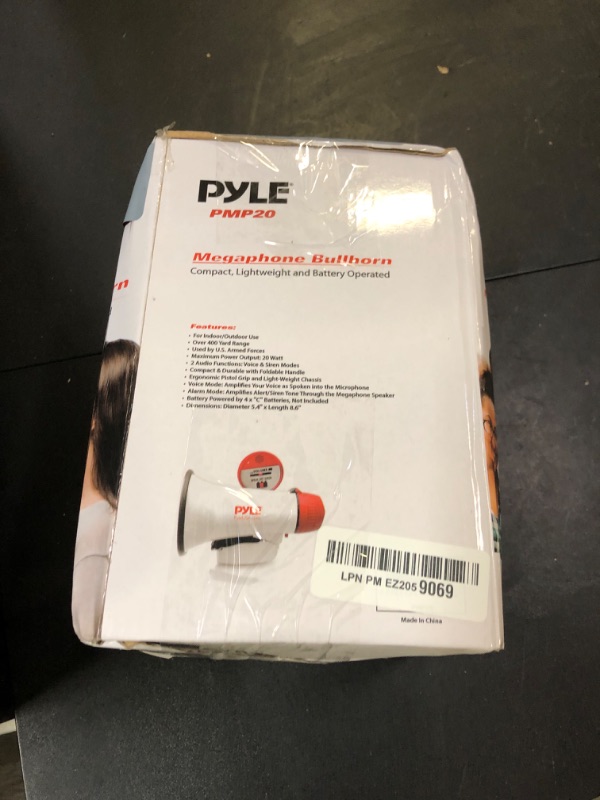Photo 1 of Pyle 20W Megaphone Bullhorn - 5.4'' x 8.6'' Portable Megaphone, Projection Range Up to 800 Sq. Yards, Voice Talking & Siren Alert, Shoulder Strap, Battery Operated, (White)