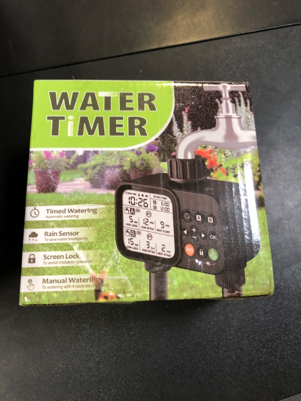 Photo 1 of TJJFMM Sprinkler Timer Water Gardens Ponds Kits, 2 Outlet 8 Programmable Water Timer with Rain Delay & Manual/Automatic Modes, Weatherproof Irrigation System for Yard Lawn, Large LCD Display