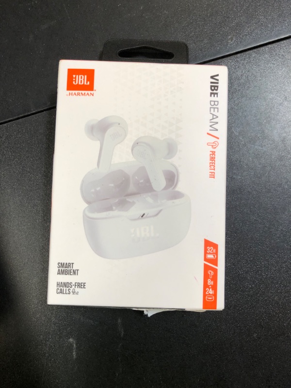 Photo 1 of JBL Vibe Beam - True Wireless JBL Deep Bass Sound Earbuds, Bluetooth 5.2, Water & Dust Resistant, Hands-free call with VoiceAware, Up to 32 hours of battery life (White)