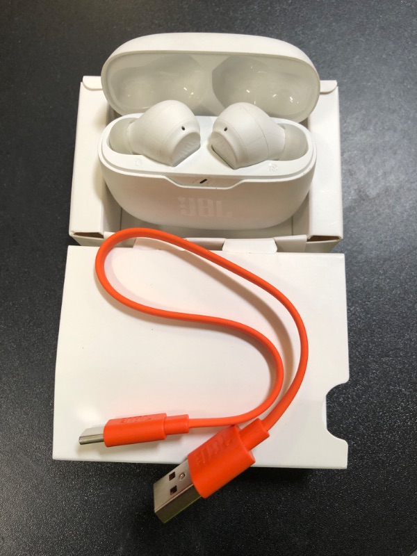 Photo 1 of JBL Vibe Beam - True Wireless JBL Deep Bass Sound Earbuds, Bluetooth 5.2, Water & Dust Resistant, Hands-free call with VoiceAware, Up to 32 hours of battery life (White)