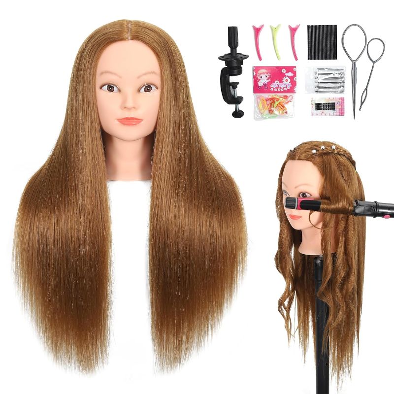 Photo 1 of Mannequin Head with 80% Real Human Hair 26''-28"Cosmetology Mannequin Doll Head to Practice Hair Styles Hairdresser Practice Braiding Head(27# Light Brown)