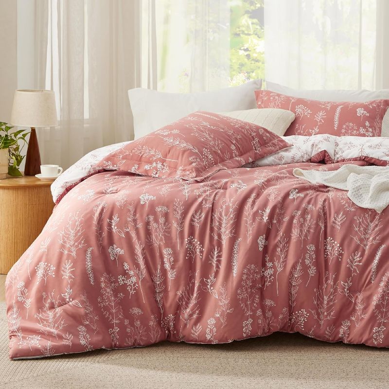Photo 1 of  Queen Comforter Set - Grayish Pink Bed Set, 3 Pieces Cute Floral Bedding, 1 Soft Reversible Botanical Flowers Comforter and 2 Pillow Shams unknown size
