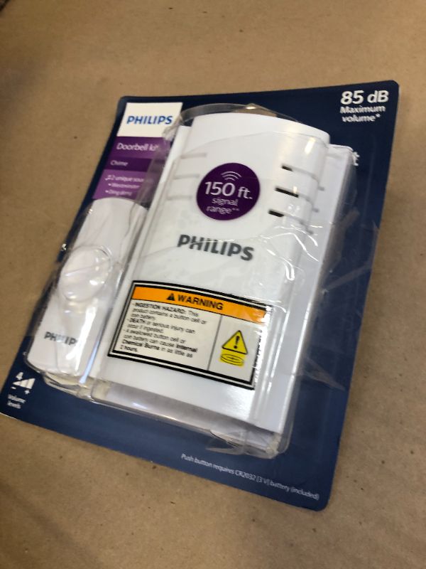 Photo 1 of Philips Wireless Doorbell Kit, Plug-In Reciever, 1 Push Button, 2 Melodies, 4 Volume Levels, 150 Ft Range, White, DES2120W/27