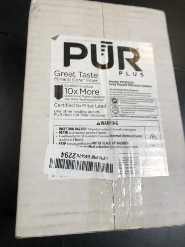 Photo 1 of PUR PLUS Vertical Faucet Mount Water Filtration System, Lead-Reducing Filter, Great-Tasting Water, Easy Install, Lasts 100 Gallons, Compatible with Sinks with External Aerators, Grey