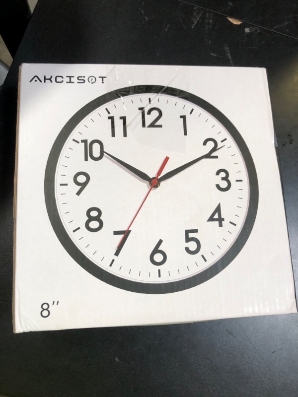 Photo 1 of AKCISOT Wall Clock, Modern Small Wall Clocks Battery Operated 8 Inch, Silent Non-Ticking Analog Classic for Office, Home, Bathroom, Kitchen, Bedroom, School(Black)