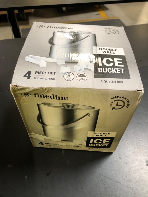 Photo 1 of FineDine Double-Wall Stainless Steel Insulated Ice Bucket With Lid & Ice Tong [3 Liter] Included Strainer Keeps Ice Cold & Dry, Carry leather Handle, Home Bar, Chilling Beer, Champagne, Wine Bottle