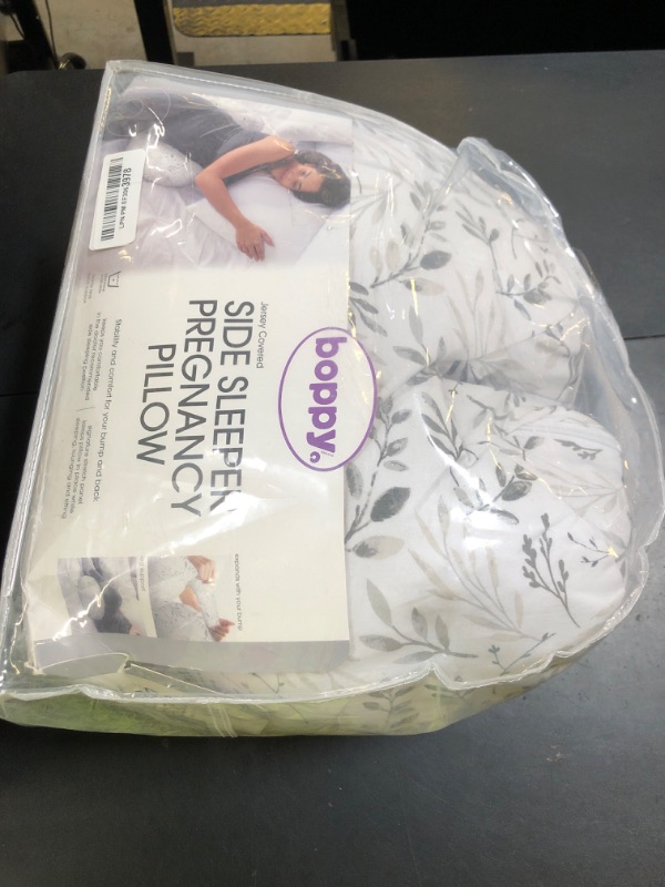 Photo 1 of Boppy Side Sleeper Pregnancy Pillow with Removable Jersey Pillow Cover, Gray Falling Leaves, Compact Stay-Put Design with Signature Stretch Panel, Prenatal and Postnatal Positioning