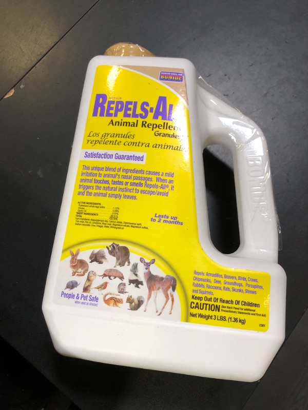 Photo 1 of Bonide Repels-All Animal Repellent Granules, 3 lbs. Ready-to-Use Deer & Rabbit Repellent, Deter Pests from Lawn & Garden