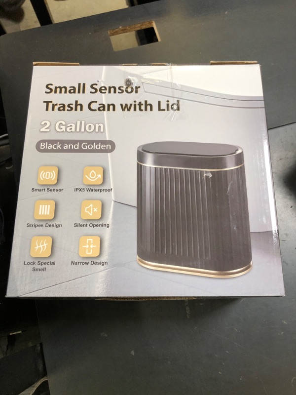 Photo 1 of SYNCVIBE Bathroom Sensor Trash Can with Lid Automatic 2 Gallon Small Sensor Garbage Bin, 7.5 Liter Motion Sensor Smart Rubbish Bin with Stripes, Slim Waterproof Plastic Garbage Can, Black Gold