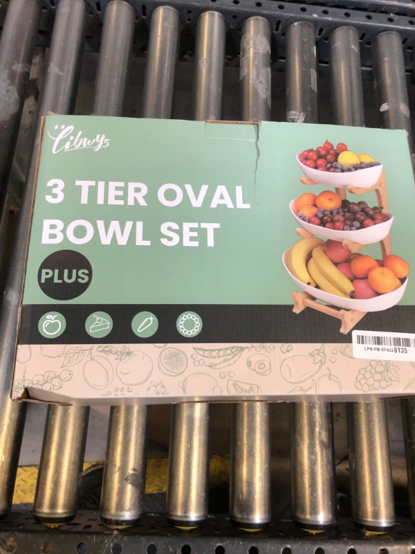 Photo 1 of SEVEN SPARTA 3 Tier Fruit Bowl for Kitchen Counter (PLUS edition) / Ceramic Serving Bowls with Bamboo Stand/Big Size Tiered Fruit Basket for Fruit Vegetable Storage, Dessert, Salad Buffet Server