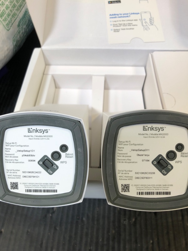 Photo 1 of Linksys Atlas WiFi 6 Router Home WiFi Mesh System, Dual-Band, 4,000 Sq. ft Coverage, 50+ Devices, Speeds up to (AX3000) 3.0Gbps - MX2000 2-Pack