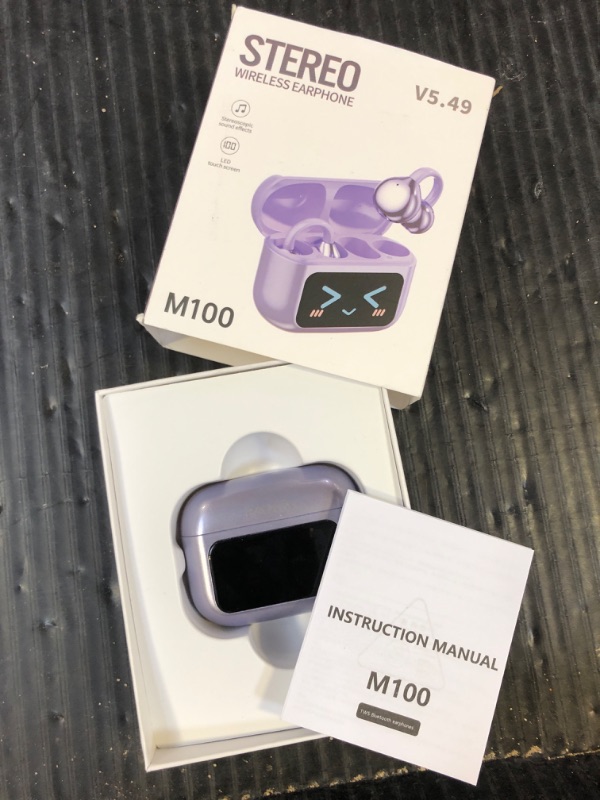 Photo 1 of M100 Clip On Ear Headphones, Open Ear Earbuds Wireless Bluetooth 5.4, Clip On Earbuds with LCD Touchscreen, Lightweight Comfort Open Ear Headphones for Sports, Fitness, and Workouts, Purple
