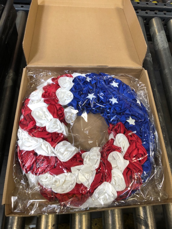 Photo 1 of 14 Inch Patriotic Roses Handcrafted Wreath, Artificial 4th of July Soft Touch Silk Roses and Metal Stars Wreath for Front Door, Memorial Day for Indoor and Outdoor