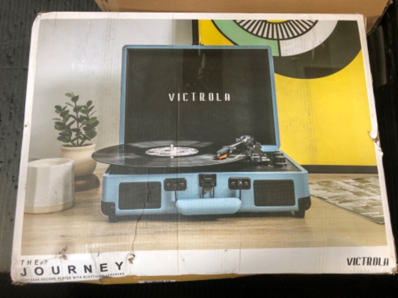 Photo 1 of Victrola Journey Bluetooth Portable Suitcase Record Player – with Built-in Speakers, 3 Speed Vinyl Record Player, RCA Out, Headphone Jack (Smoky Blue)