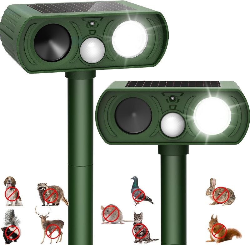Photo 1 of Upgraded Solar Ultrasonic Animal Repellent Outdoor, Deer Repellent Devices Motion Detection, Waterproof Cat Squirrel Mouse Raccoon Dog Repellent Deterrent with LED Flash Lights for Yard Garden-2PACK
