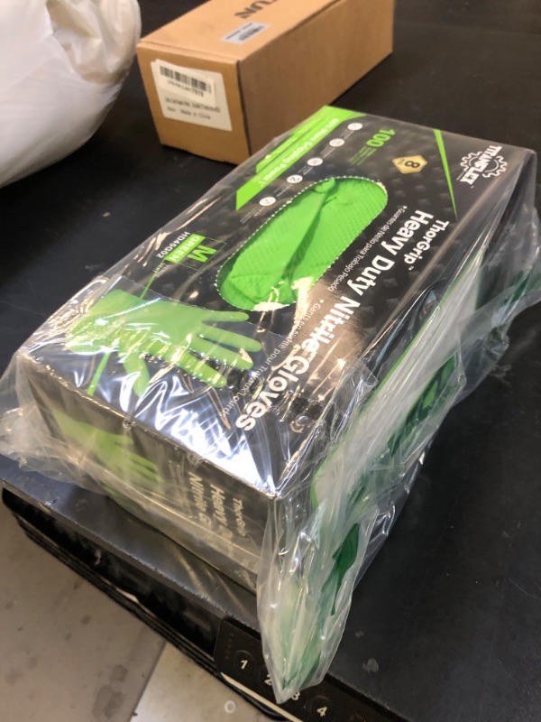 Photo 1 of TitanFlex ThorGrip Heavy Duty Green Industrial Nitrile Gloves, 8-mil, Medium, Box of 100, Latex Free, Raised Diamond Texture Grip, Powder Free, Food Safe, Rubber Gloves, Mechanic Gloves