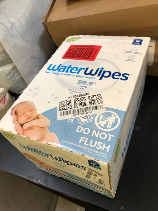 Photo 1 of WaterWipes Plastic-Free Original Baby Wipes, 99.9% Water Based Wipes, Unscented & Hypoallergenic for Sensitive Skin, 60 Count (Pack of 12), Packaging May Vary