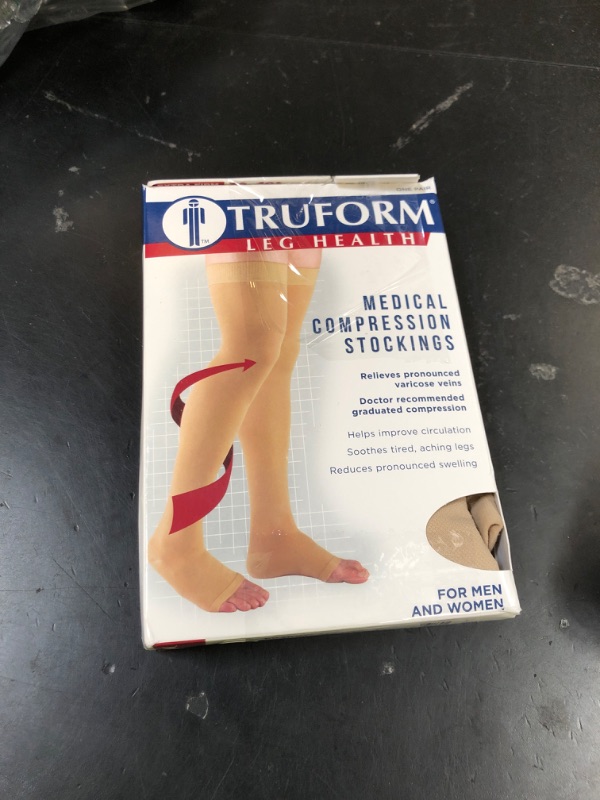 Photo 1 of Truform 30-40 mmHg Compression Stockings for Men and Women, Thigh High Length, Dot-Top, Open Toe, Beige, Medium