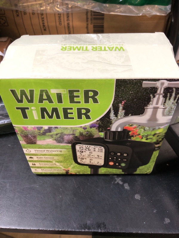 Photo 1 of TJJFMM Sprinkler Timer for Outdoor Garden Hose, 2 Outlet 8 Programmable Water Timer with Rain Delay & Manual/Automatic Modes, Weatherproof Irrigation System for Water Garden Kits, Large LCD Display