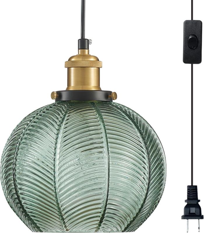 Photo 1 of XZHGCEE Plug in Pendant Light Fixtures: Hanging Lamp Plug in Green Glass Pendant Lamp, Hanging Light for Kitchen Island, Bedroom, Dining Room, Living Room, E26 No Bulb