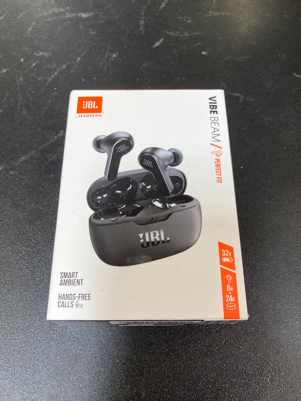 Photo 1 of JBL Vibe Beam - True Wireless JBL Deep Bass Sound Earbuds, Bluetooth 5.2, Water & Dust Resistant, Hands-free call with VoiceAware, Up to 32 hours of battery life (Black)