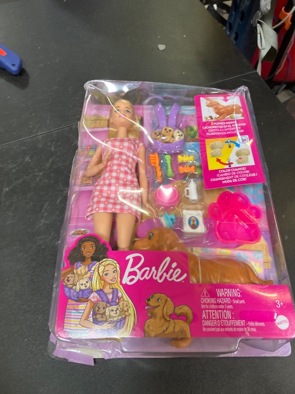 Photo 1 of Barbie Doll & Pets Set, Blonde with Mommy Dog, 3 Newborn Puppies with Color-Change Feature & Pet Accessories                