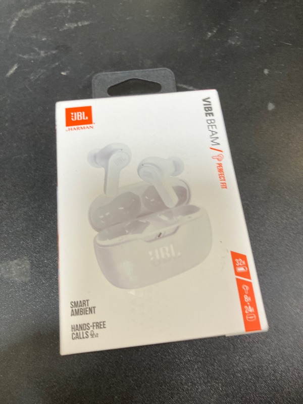 Photo 1 of JBL Vibe Beam - True Wireless JBL Deep Bass Sound Earbuds, Bluetooth 5.2, Water & Dust Resistant, Hands-free call with VoiceAware, Up to 32 hours of battery life (White)