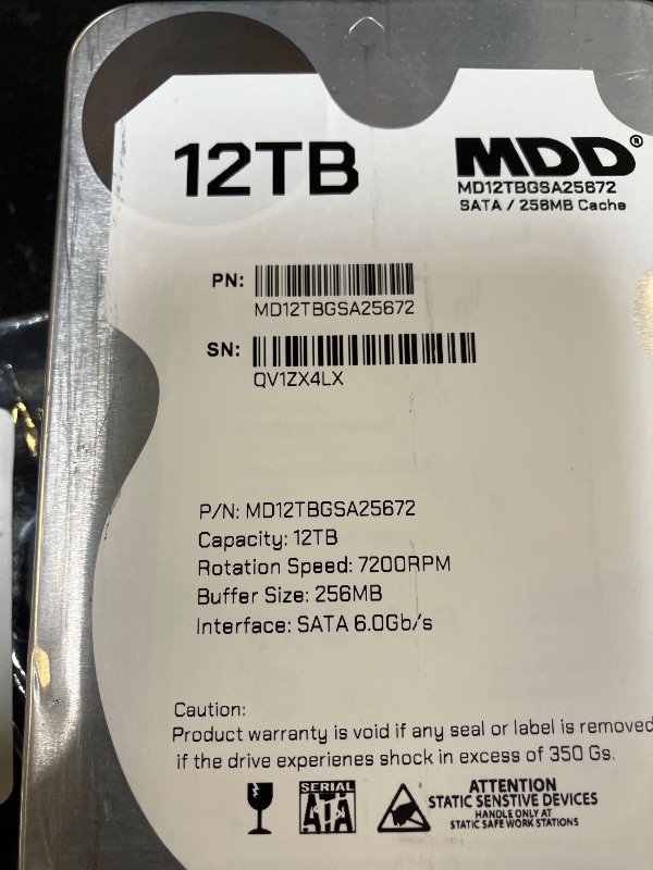 Photo 1 of MDD 12TB 7200RPM SATA 6Gb/s 256MB Cache 3.5inch Internal Desktop Hard Drive, MD12TBGSA25672, Mechanical Hard Disk (Renewed)