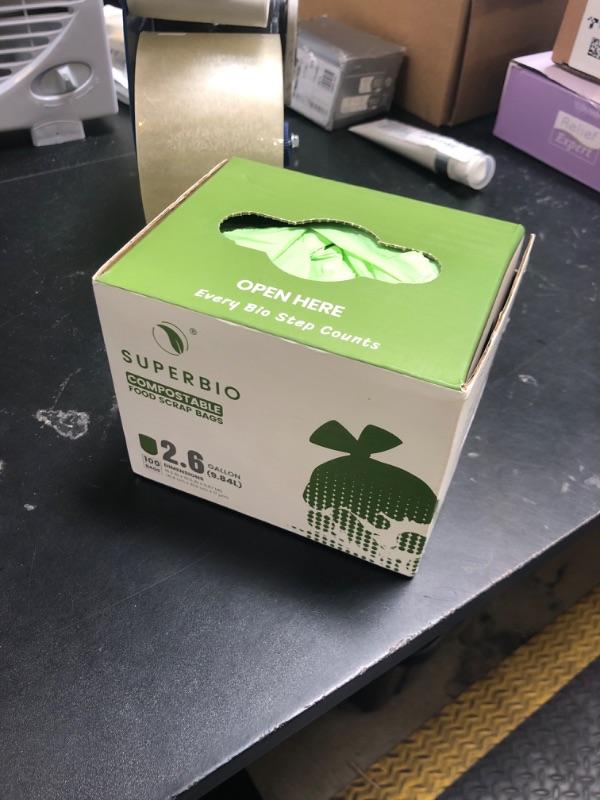 Photo 1 of SUPERBIO 2.6 Gallon Compostable Food Waste Bags, 100 Count, 1 Pack, Flat Top Food Scrap Bags? ASTM D6400?Certified by BPI and OK compost INDUSTRIAL,9.84L