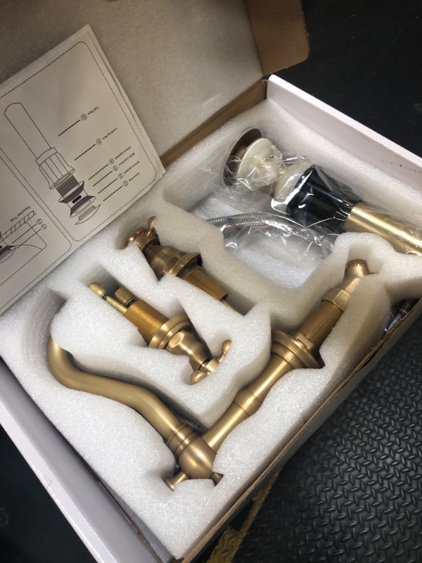 Photo 1 of GGStudy 8 inch 2 Handles 3 Holes Widespread Bathroom Sink Faucet Antique Brass Bathroom Vanity Faucet Basin Mixer Tap Matching Metal Pop Up Drain with Overflow