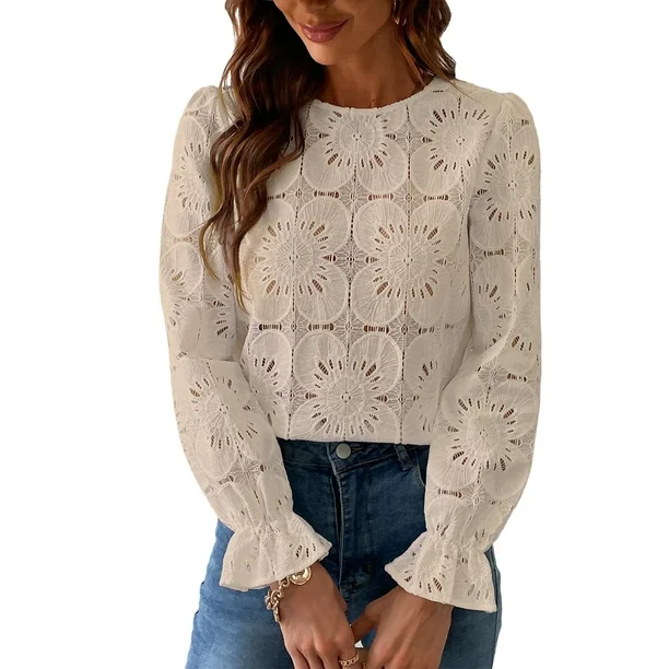 Photo 1 of Cupshe Women's Eyelet Long Sleeve Tops Shirts Hollow Out Crochet Lace Embroidered Blouses, Size XS-XXL