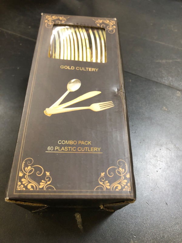 Photo 1 of N9R 60pcs Gold Plastic Silverware - Gold Plastic Cutlery Set Disposable Flatware Dinnerware -30 Forks, 15 Spoons, 15 Knives for Party, Thanksgiving, Christmas