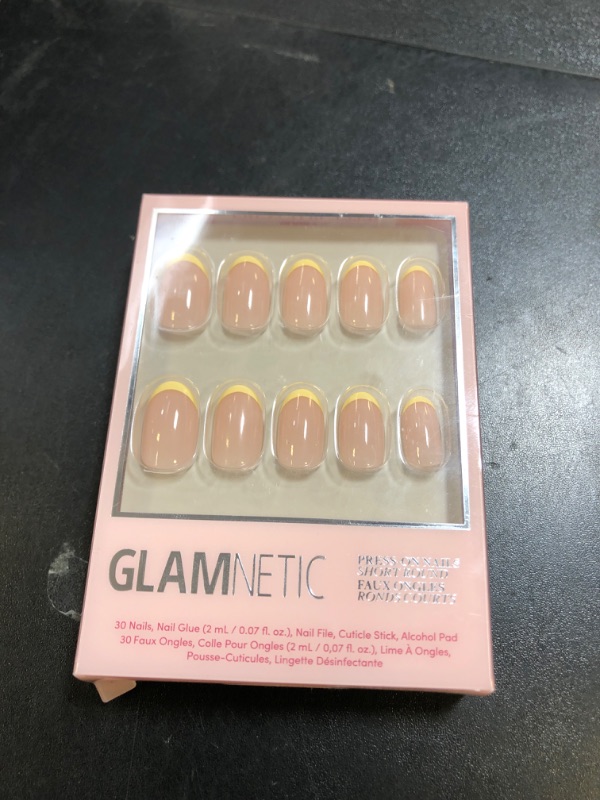 Photo 1 of Glamnetic Press On Nails - French Butter | Short Round Yellow French Tips with a Glossy Finish, Fake Nails, Reusable | 15 Sizes - 30 Nail Kit with Glue