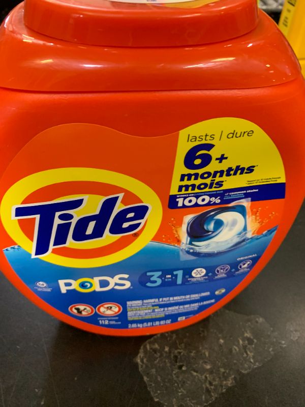 Photo 1 of Tide PODS Laundry Detergent Pacs, 3-in-1 Stain Remover, Odor Fighter, Color Protector, 112 Count, HE compatible, Original Scent