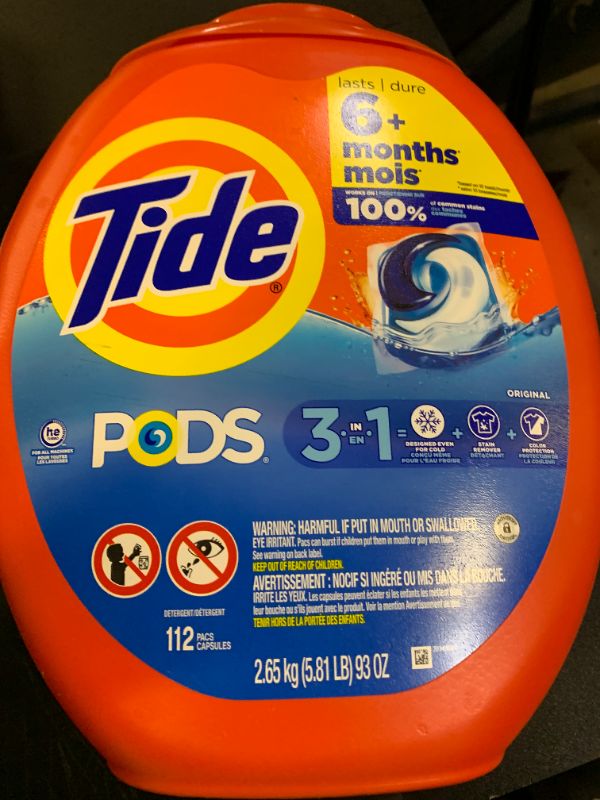 Photo 1 of Tide PODS Laundry Detergent Pacs, 3-in-1 Stain Remover, Odor Fighter, Color Protector, 112 Count, HE compatible, Original Scent