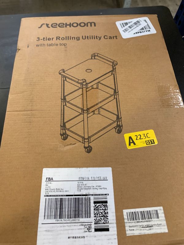 Photo 1 of Steehoom 3-Tier Utility Rolling Cart with Cover Top Board, Mobile Utility Cart with Lockable Casters Multi-Functional Storage Trolley for Office, Bathroom, Kitchen, Garden, Laundry Room (Black)