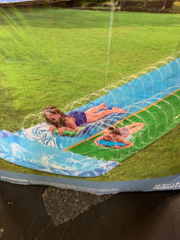 Photo 1 of JOYIN 32.5FT Water Slide and 2 Inflatable Boards, Extra Long Heavy Duty Double Lawn Waterslide with Sprinkler for Kids Adults Backyard Summer Water Toy Outdoor Fun, Blue, Green