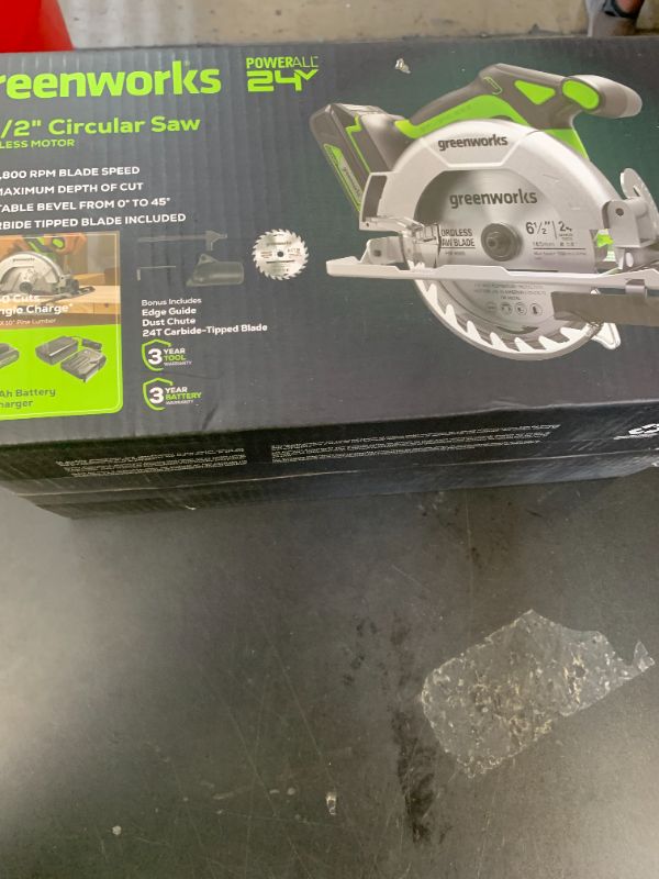 Photo 1 of Greenworks 24V Circular Saw,Brushless 6-1/2"Battery Circular saw Cordless,4,800 RPM,Adjustable Cutting Depth 45°/90°,With 24V 2Ah Battery and Charger