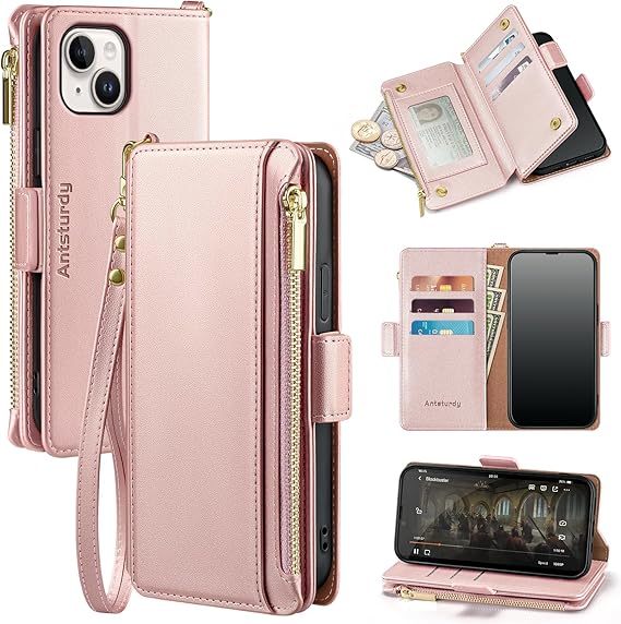 Photo 1 of Antsturdy Compatible with iPhone 13 Wallet Case?RFID Blocking? PU Leather Phone Case Women Men Flip Shockproof Protective Cover Wrist Strap Zipper Credit Card Holder Slots for Apple 13 6.1,Rose Gold
