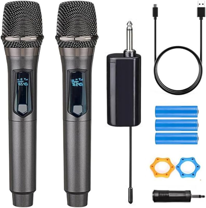 Photo 1 of Wireless Microphone,Rechargeable Wireless Dual UHF Microphone,Dual Handheld Dynamic Wireless Mic for Karaoke Singing, Wedding, DJ, Party, Speech, Church, Class Use,PA System,200ft,Gray
