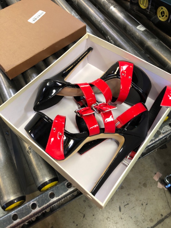 Photo 1 of VERISSON Peep Toe Platform Sandals Triple Cross Bands Ankle Buckle Strap Birthday Party Shoes Two-piece Red Patent Leather Sandals Size 7