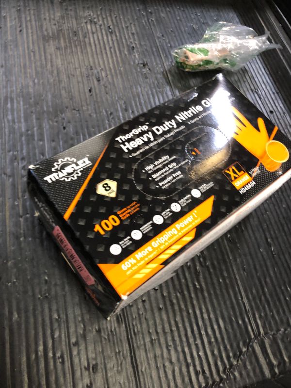 Photo 1 of TitanFlex ThorGrip Heavy Duty Industrial Orange Nitrile Gloves, 8-mil, Gloves Disposable Latex Free with Raised Diamond Texture Grip, Powder Free, Rubber Gloves, Mechanic Gloves,100-ct Box (XL)