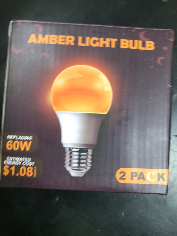Photo 1 of DALUXshop Amber Sleep Light Bulbs, Blue Light Blocking, A19 9W(60 Watt Equivalent) Dim Light Bulbs for Lamp, 1800K Warm Light Bulb, E26 for Healthy Sleep, Bedroom, Kids Room, 2 Pack