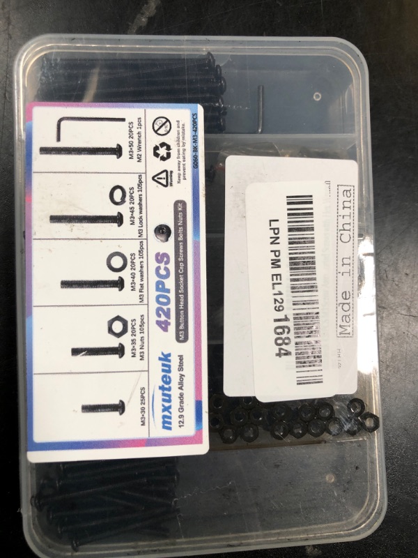 Photo 1 of mxuteuk 420PCS M3 Screws,M3x30/35/40/45/50mm Button Head Socket Cap Screws Bolts Nuts Kit,10.9 Grade Alloy Steel M3 Bolts with Hex Wrench