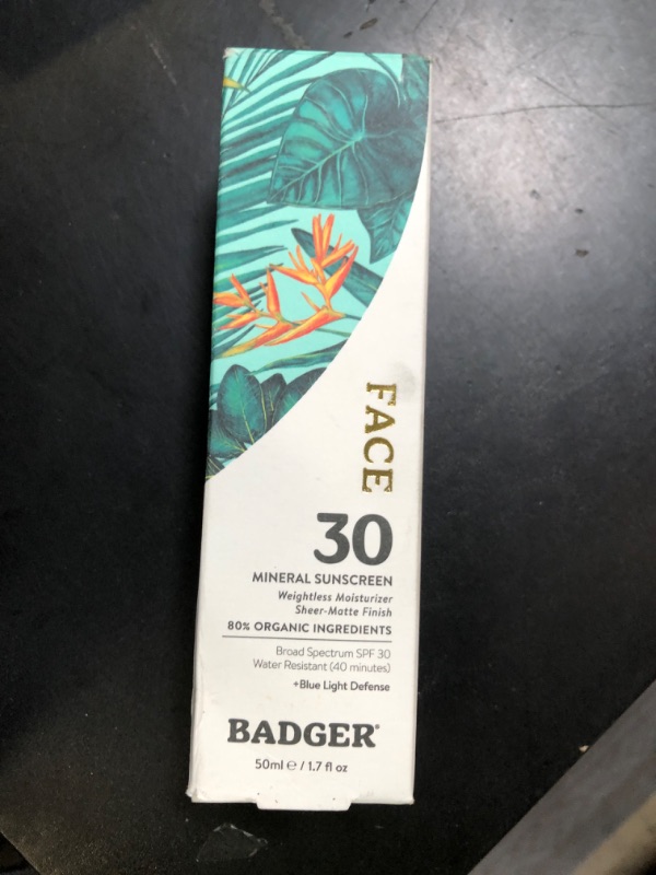Photo 1 of Badger Mineral Face Sunscreen with Zinc Oxide, Sunblock Lotion Moisturizer with SPF 30, Vegan, Unscented, Lightweight Mineral Sunscreen for Face, 1.7 fl oz