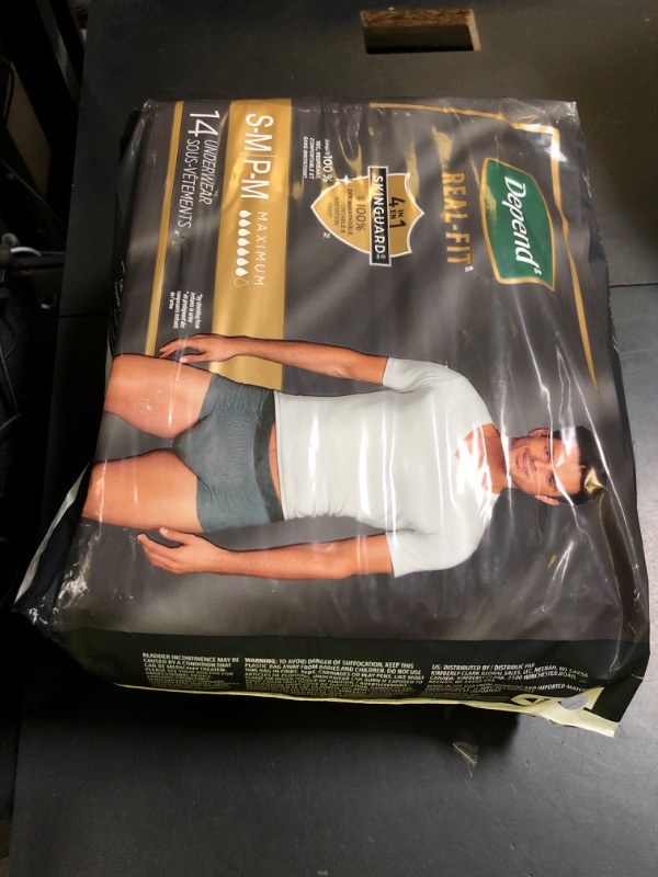 Photo 1 of Depend Real Fit Incontinence Underwear for Men, Disposable, Maximum Absorbency, Small/Medium, Grey, 14 Count, Packaging May Vary