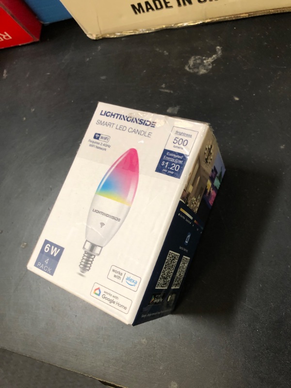 Photo 1 of Lightinginside Smart Candelabra LED Bulbs 60 Watt Equivalent, 500LM 6W, E12 LED Bulb Compatible with Alexa/Google Assistant/Smart Life, RGBCW Candle, No Hub Required, 2.4G WiFi Only, ETL Listed, 4PCS